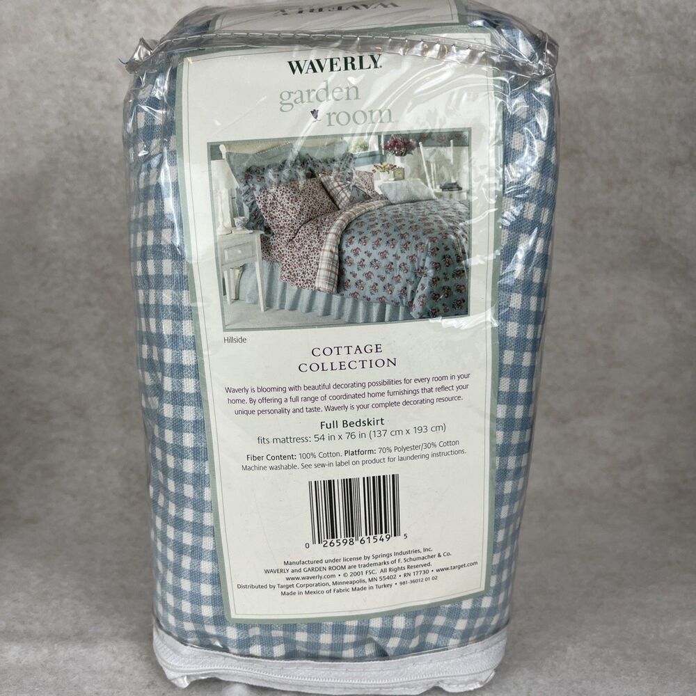 NOS VTG Waverly Garden Blue White Plaid Full‎ Bedskirt Ruffle Cottage Collection
